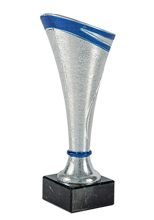 Trofeo copa cónica plata y detalles en azul